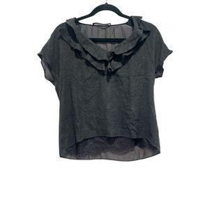 Womens Zara Basic Ruffle Black Short‎ Sleeve Lace Top Blouse Small